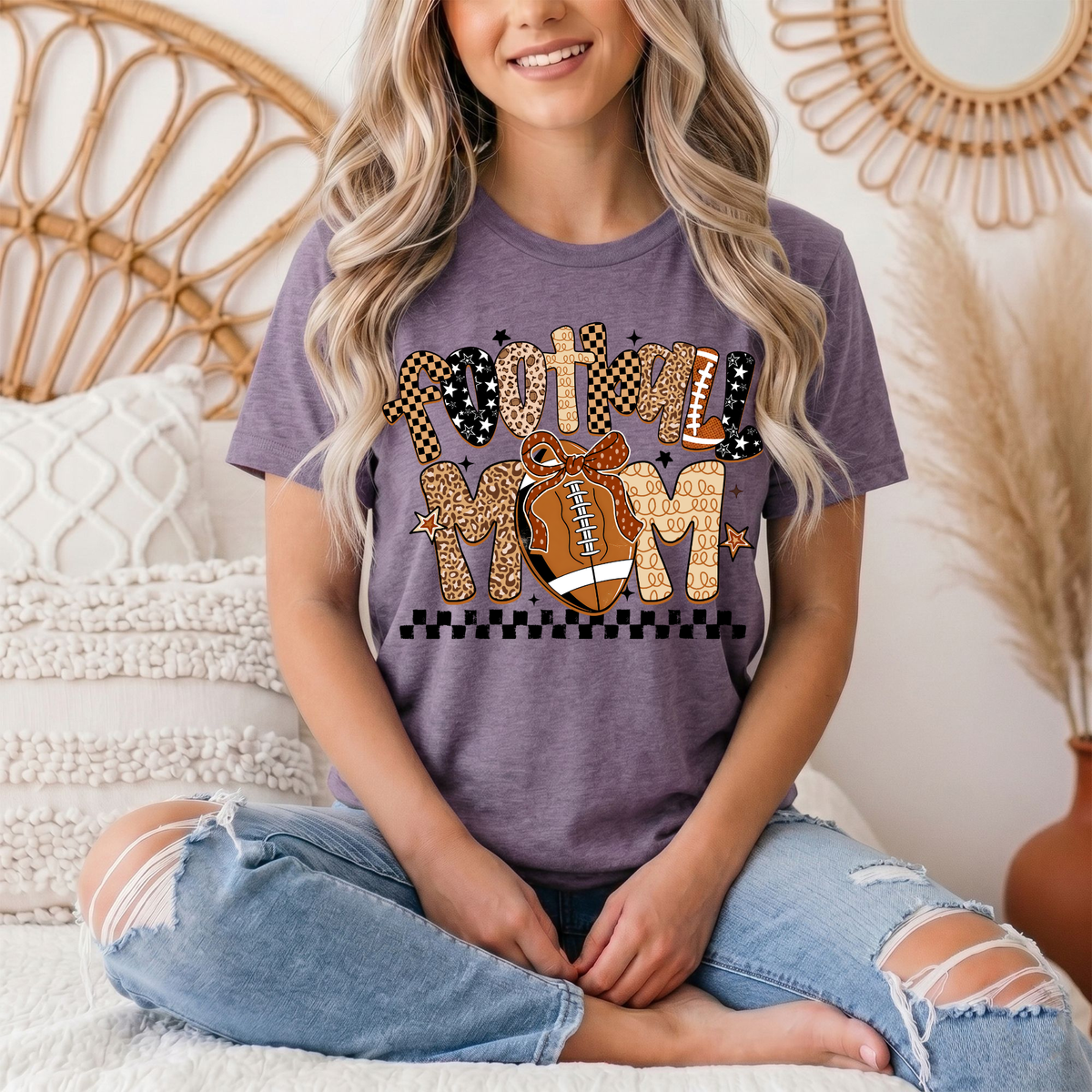Football Mom Mixed Print Bow & Checkerboard Graphic Tee