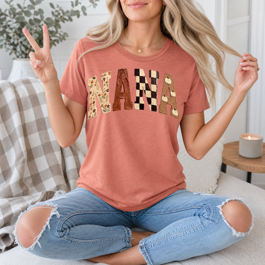 Fall Nana Floral, Checkerboard & Pumpkin Graphic Tee