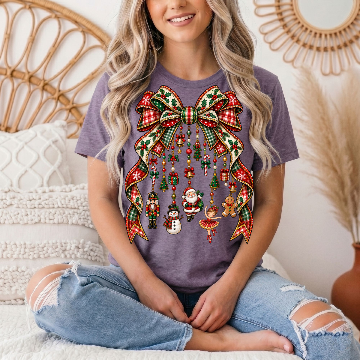 Christmas Plaid Bow & Holiday Charms Graphic Tee