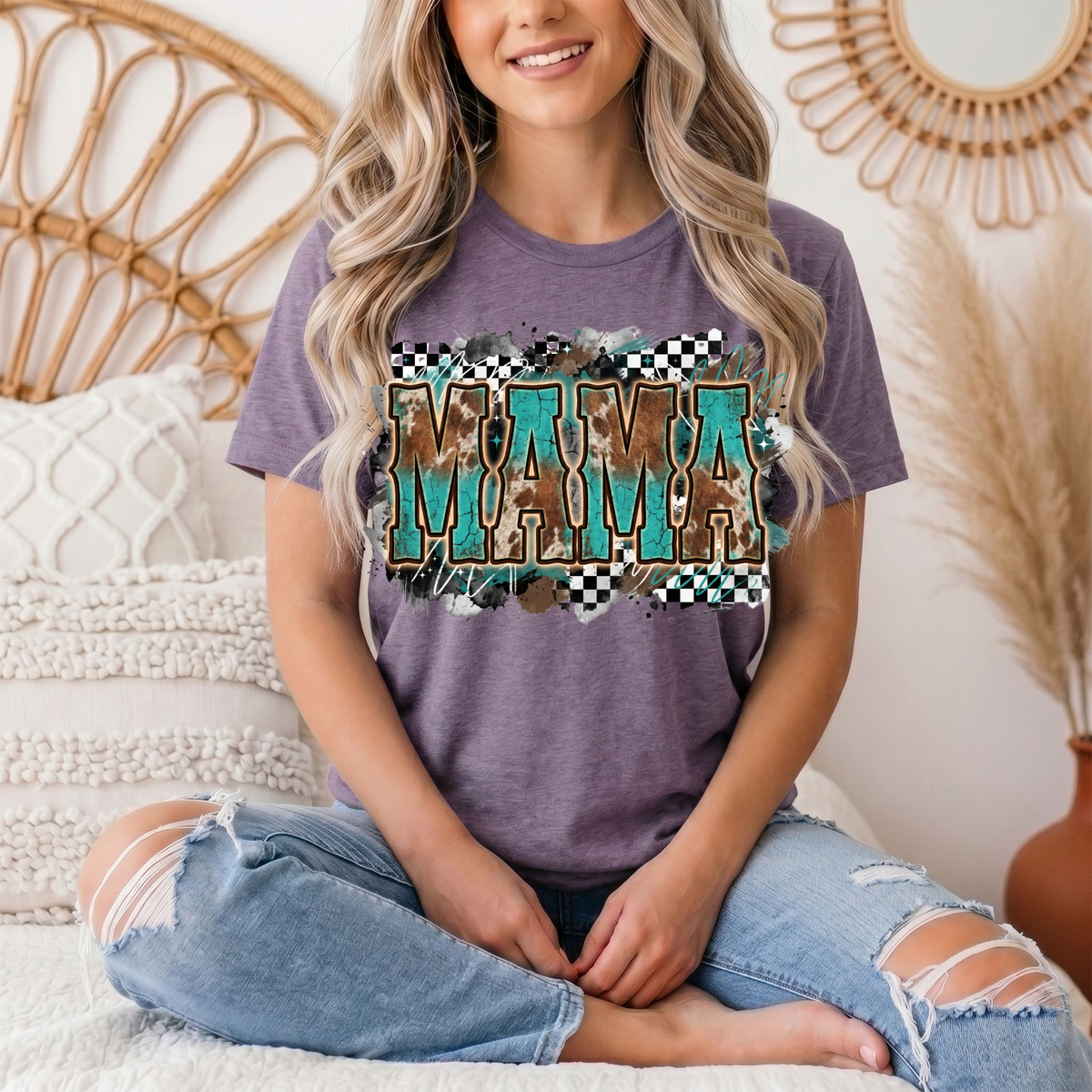 Turquoise & Cow Print Mama Western Graphic Tee