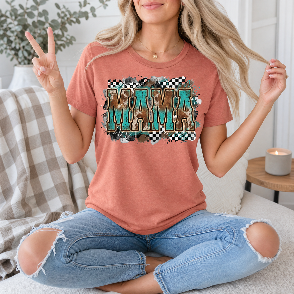 Western Mama Turquoise & Checkerboard Graphic Tee