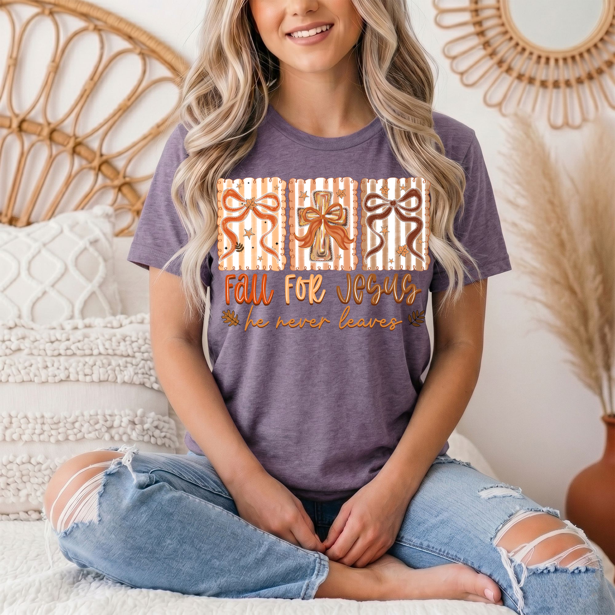 Fall for Jesus He Never Leaves Christian Graphic Tee