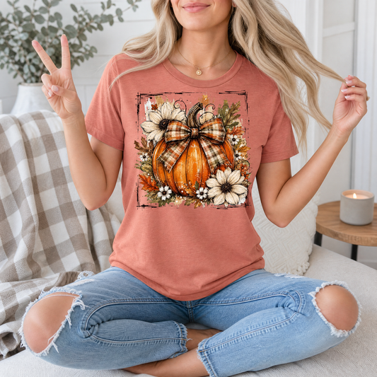 Fall Pumpkin Floral & Plaid Bow Graphic Tee