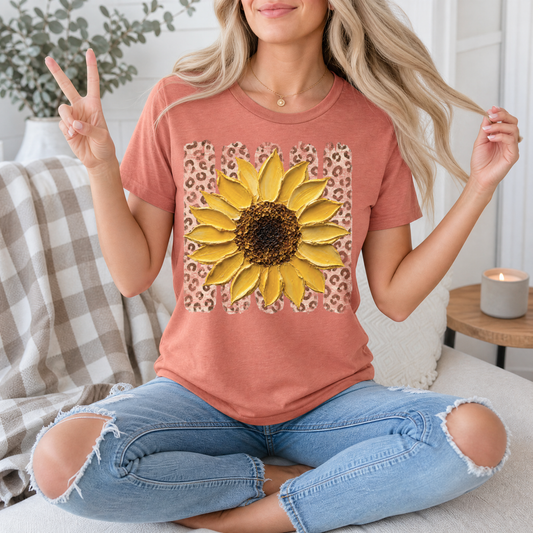 Painted Sunflower & Leopard Print Graphic Tee