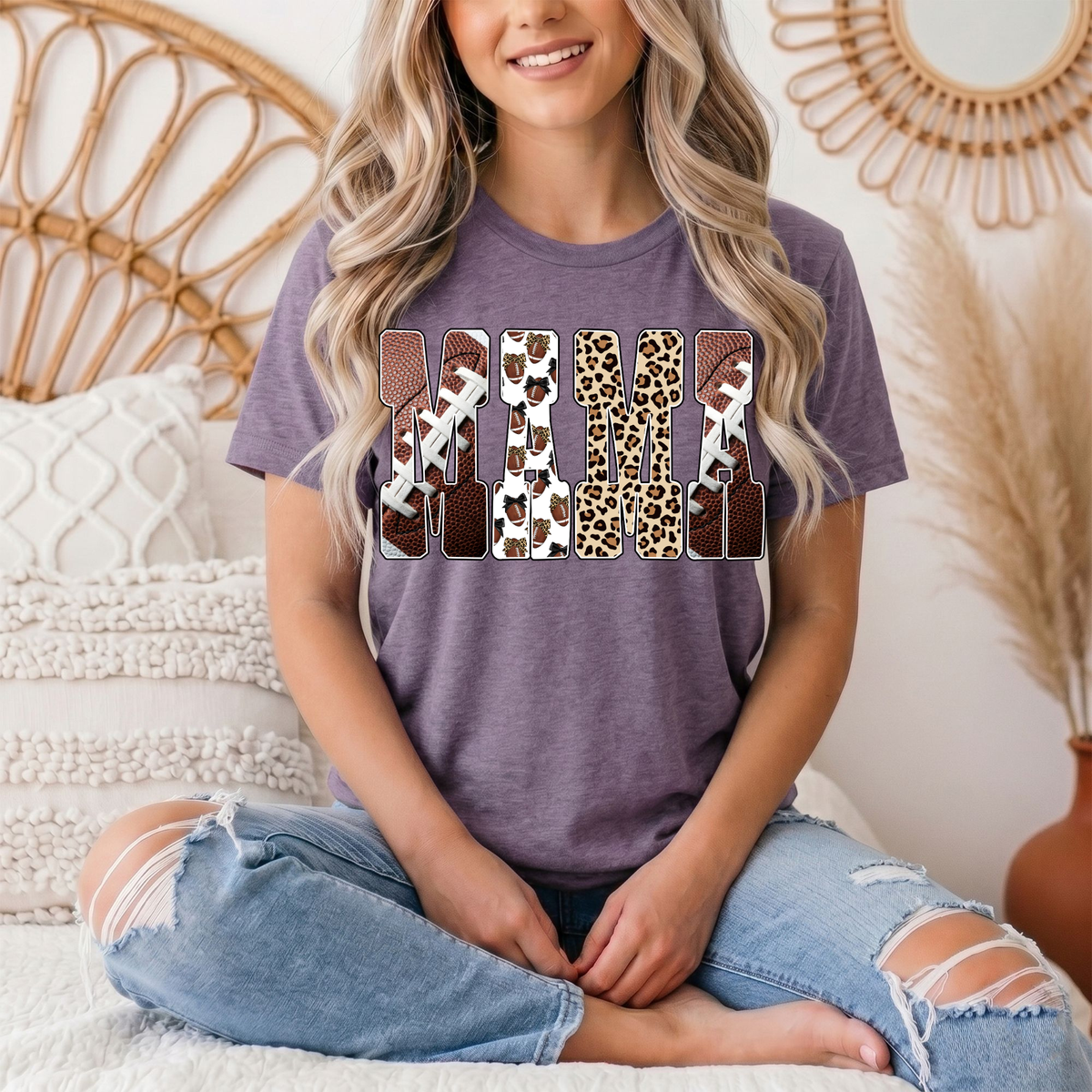 Mama Football & Leopard Mixed Print Graphic Tee