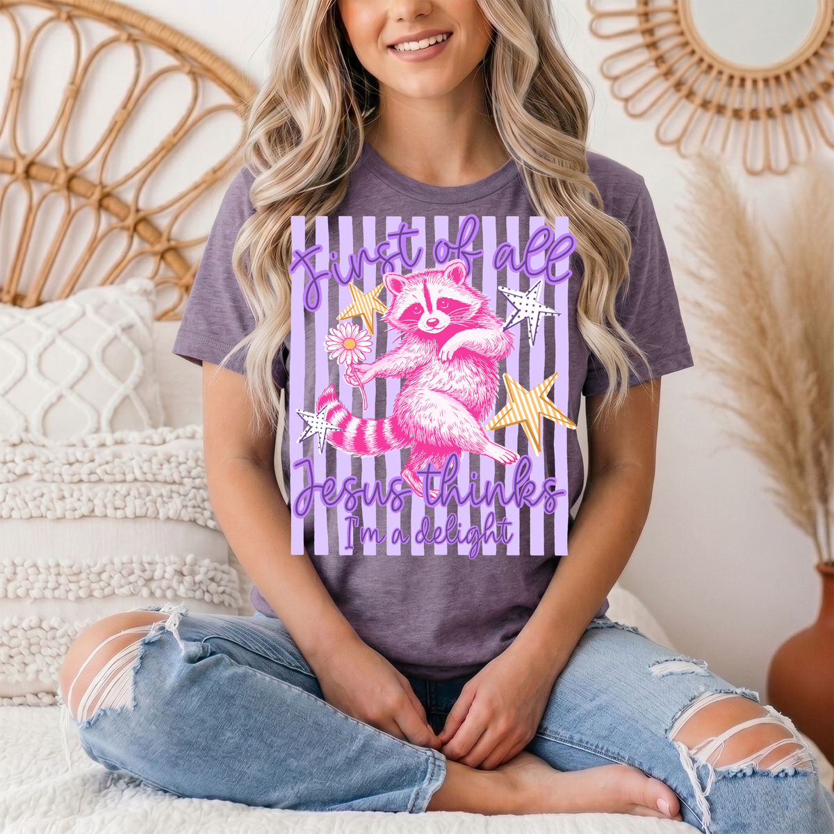 Jesus Thinks I'm a Delight Pink Raccoon Graphic Tee