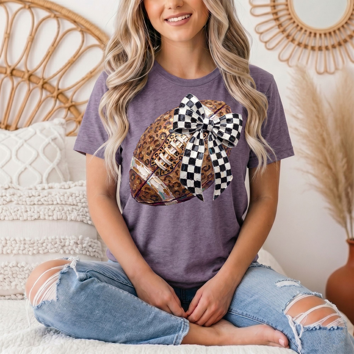 Leopard Football & Checkerboard Bow Graphic Tee