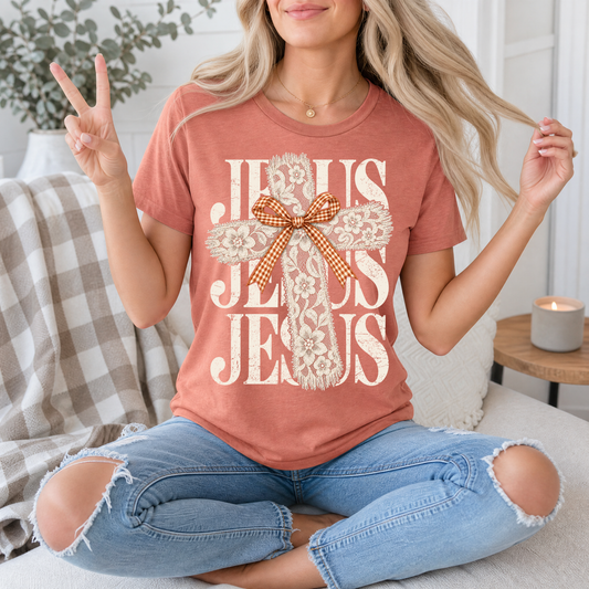 Jesus Lace Cross & Gingham Bow Christian Graphic Tee