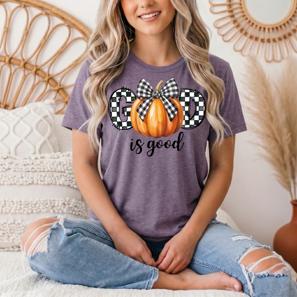 God Is Good Pumpkin & Gingham Bow Graphic Tee