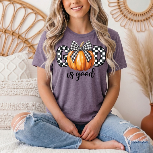 God Is Good Pumpkin & Gingham Bow Graphic Tee