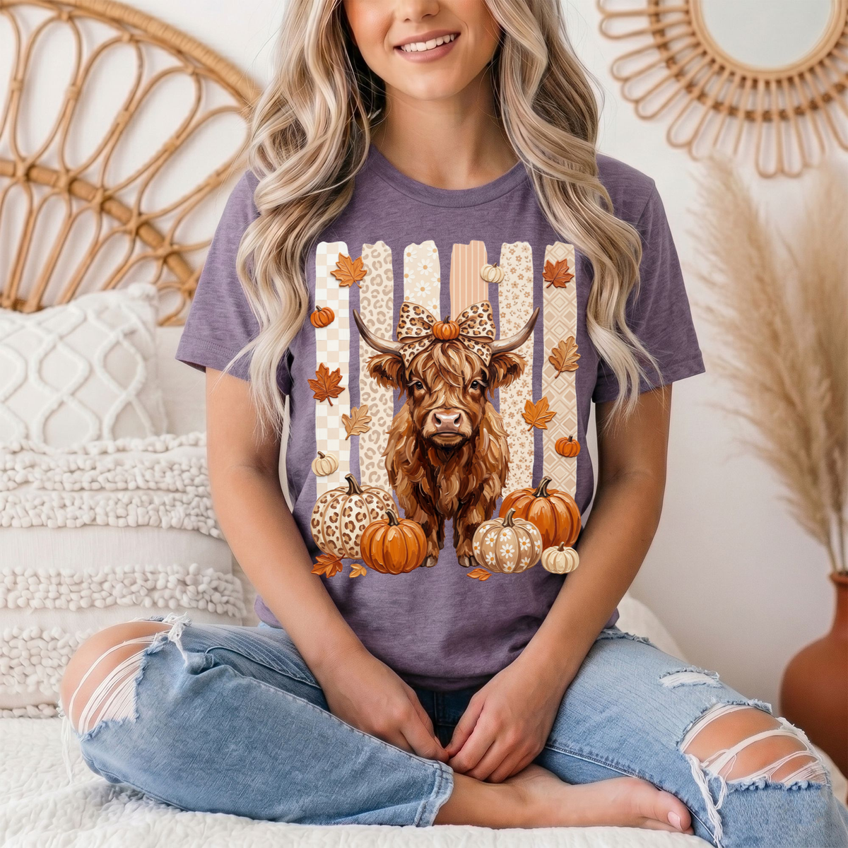 Fall Highland Cow Leopard Bow & Pumpkin Graphic Tee