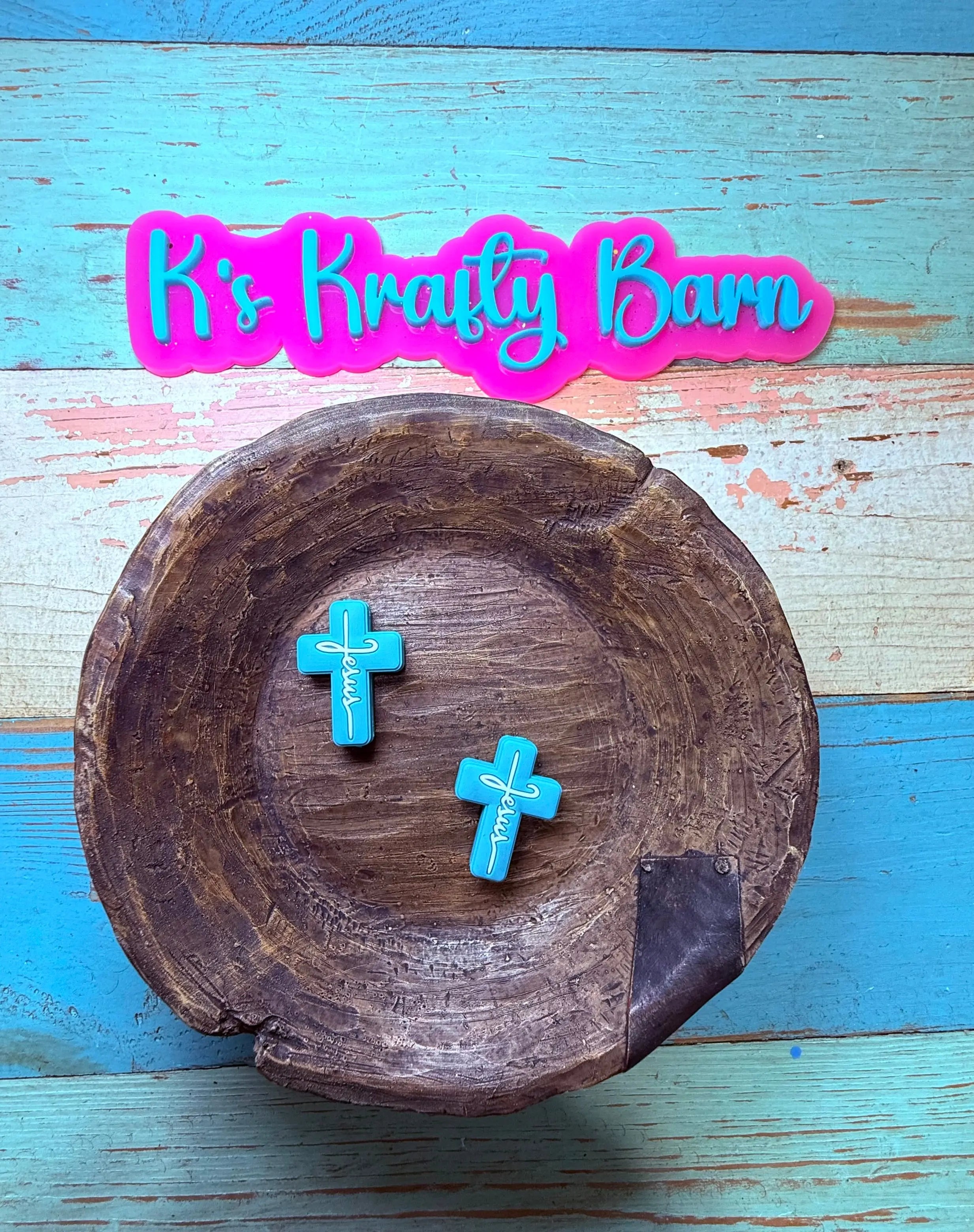 Silicone Focal Bead- Teal cross with white Jesus K's Krafty Barn