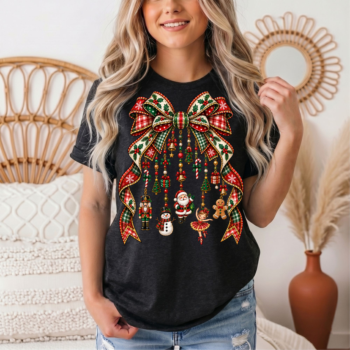 Christmas Plaid Bow & Holiday Charms Graphic Tee
