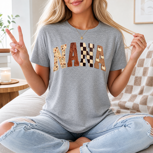 Fall Nana Floral, Checkerboard & Pumpkin Graphic Tee