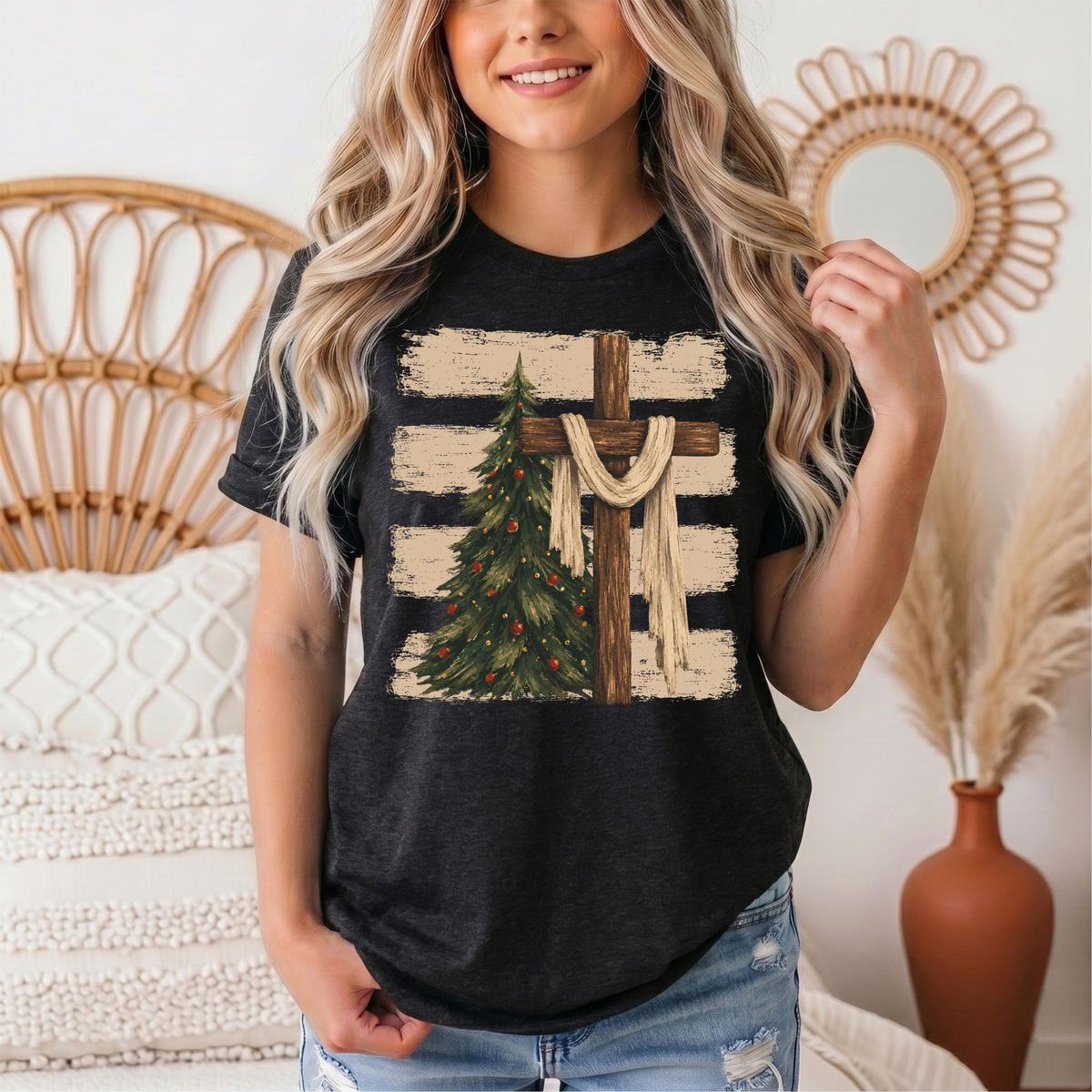 Rustic Cross & Christmas Tree Christian Graphic Tee