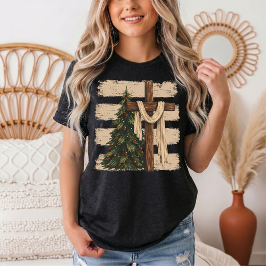Rustic Cross & Christmas Tree Christian Graphic Tee