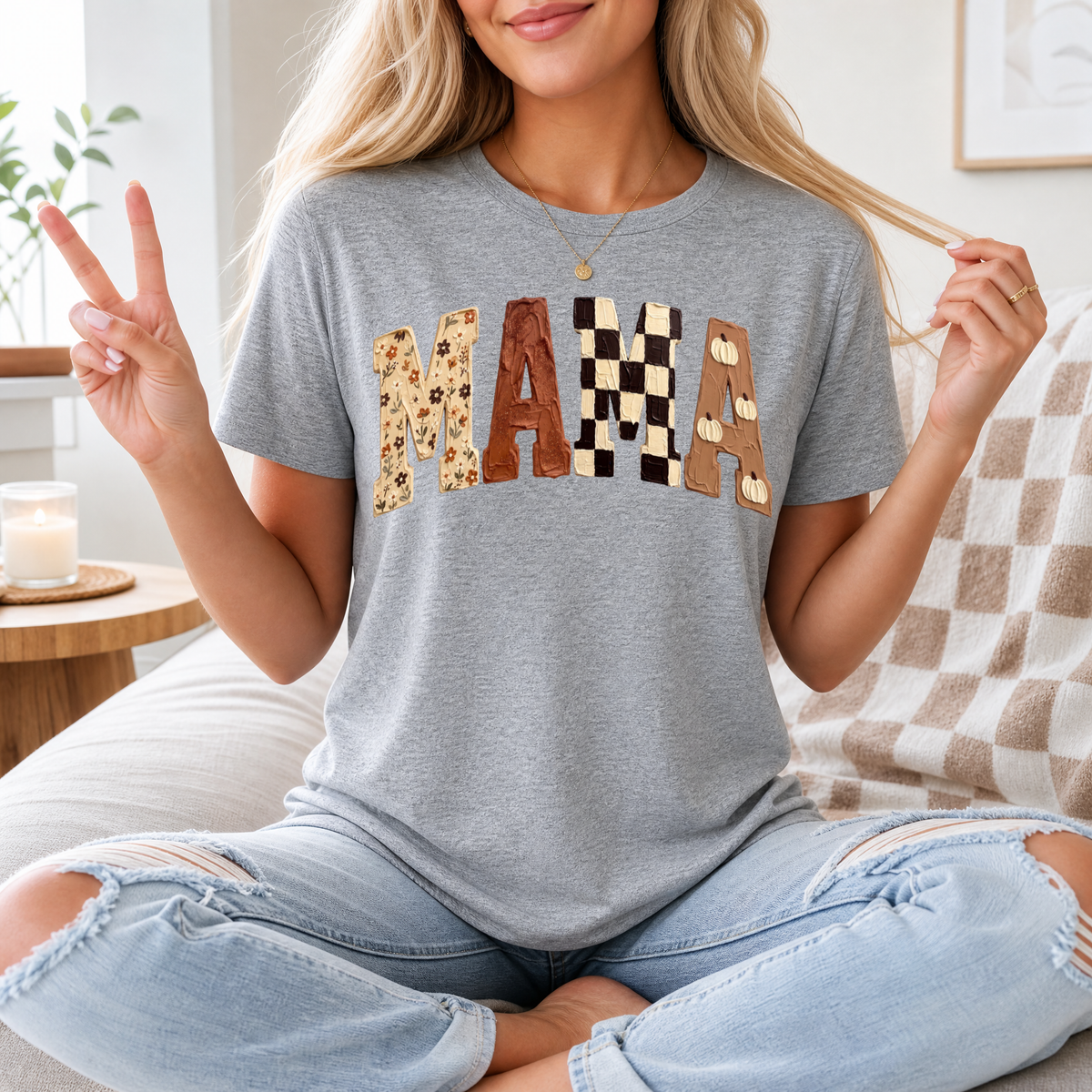 Fall Mama Floral, Checkerboard & Pumpkin Graphic Tee
