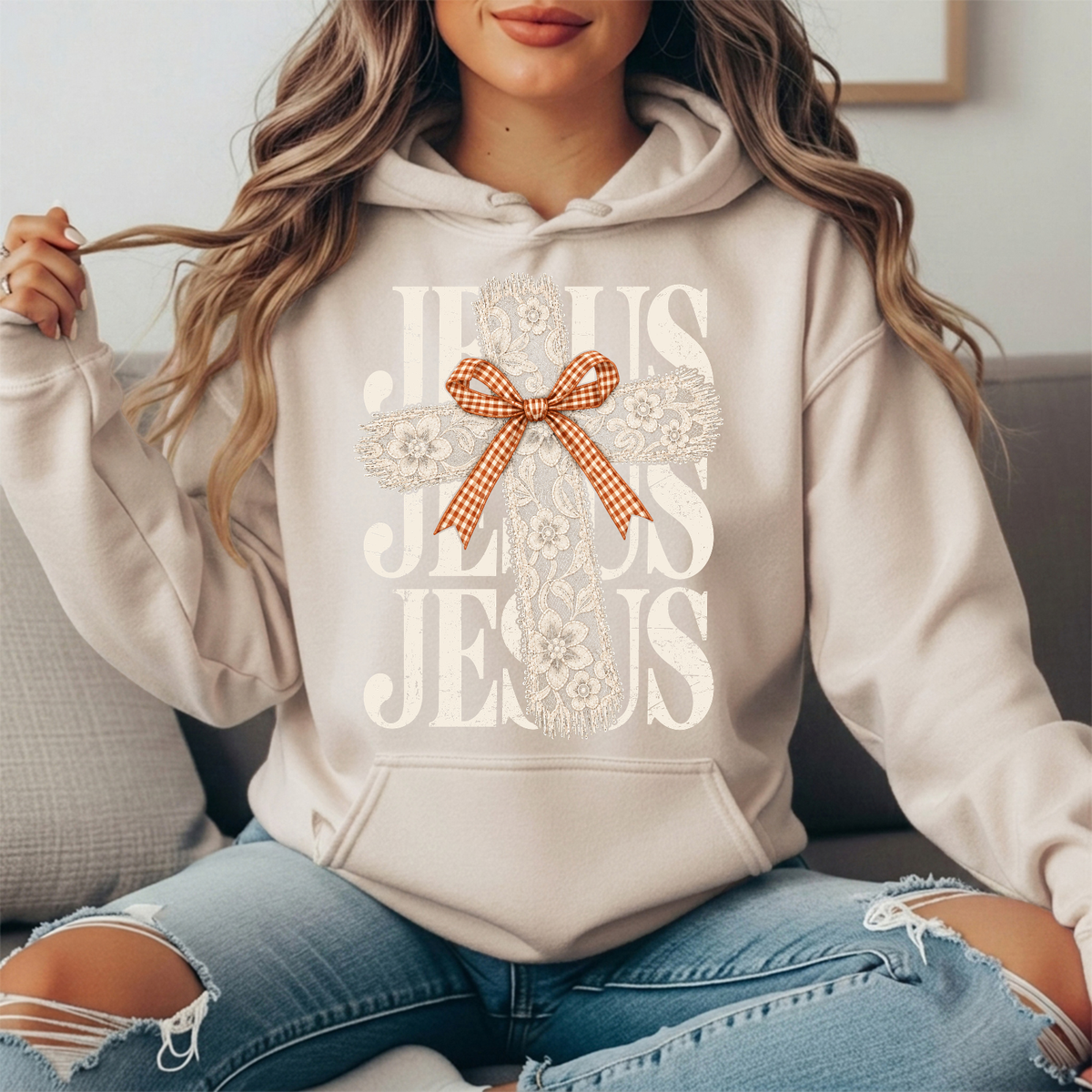 Jesus Floral Lace Cross & Gingham Bow Graphic Hoodie