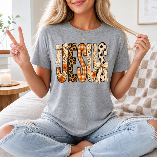 Jesus Floral, Leopard & Gingham Bow Graphic Tee