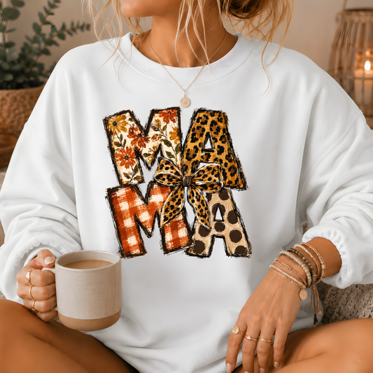 Mama Mixed Print Bow Crewneck Sweatshirt