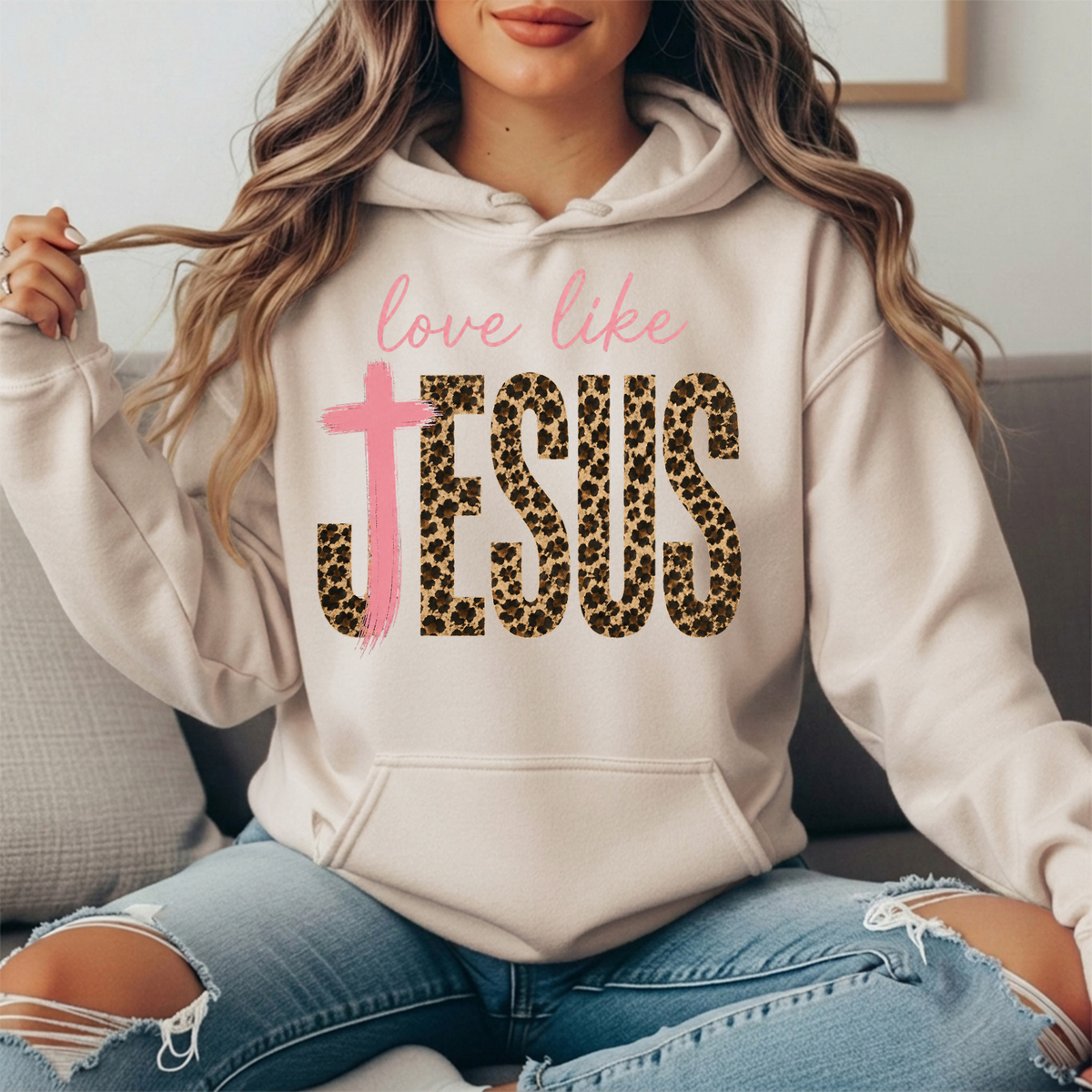 Love Like Jesus Leopard Print Cross Graphic Hoodie