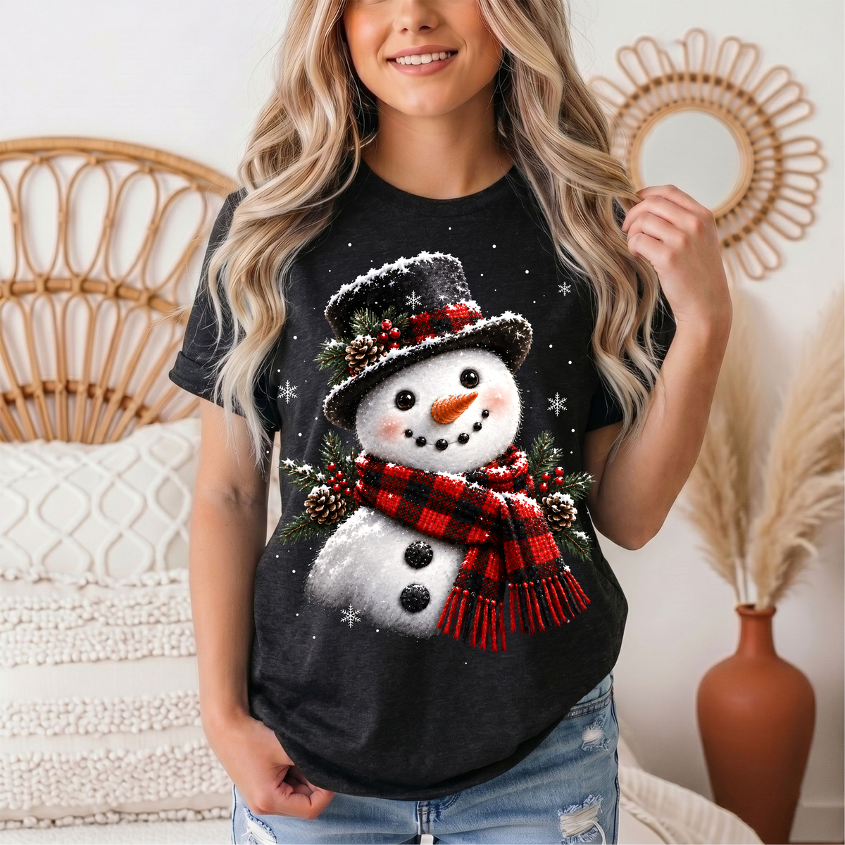 Snowman Buffalo Plaid Scarf Christmas Graphic Tee