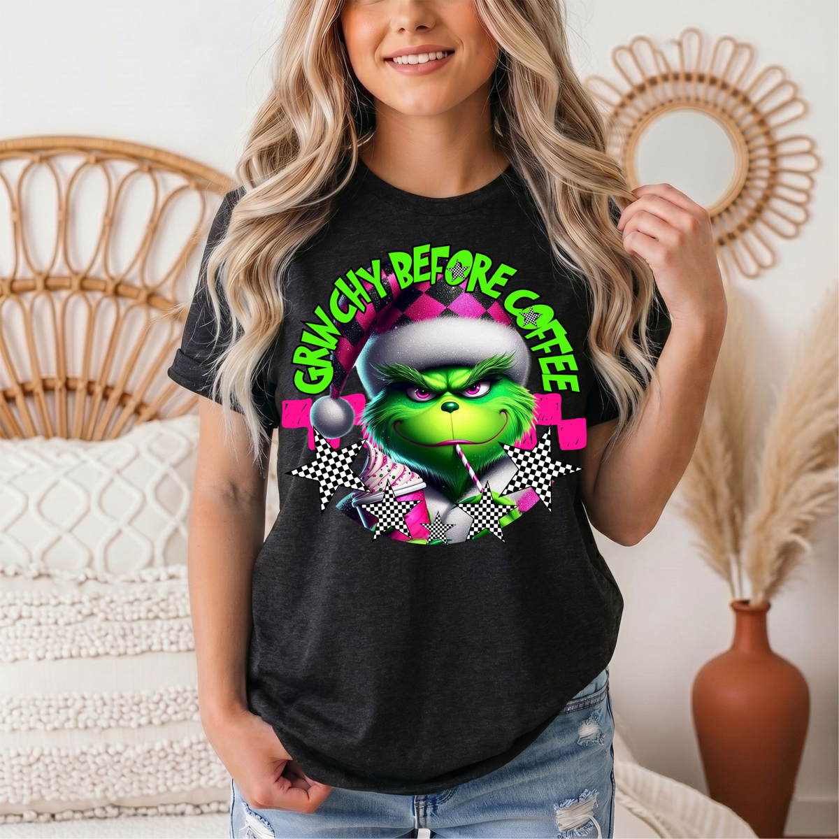 Grinchy Before Coffee Pink Checkerboard Christmas Graphic Tee