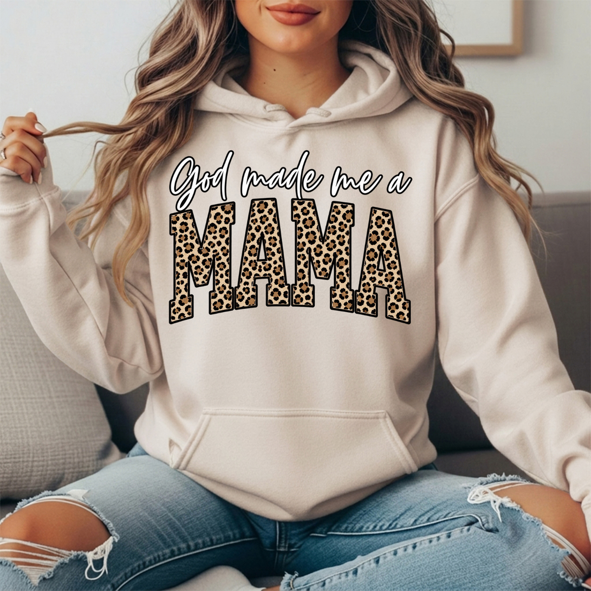 God Made Me a Mama Leopard Print Graphic Hoodie