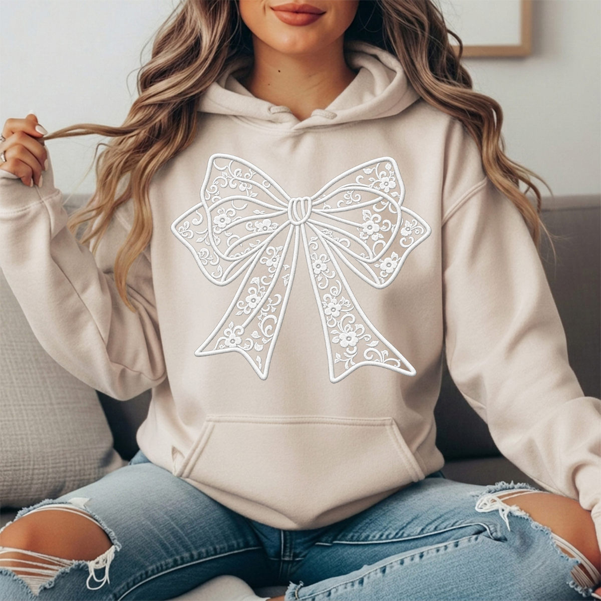 Floral Lace Bow Graphic Hoodie