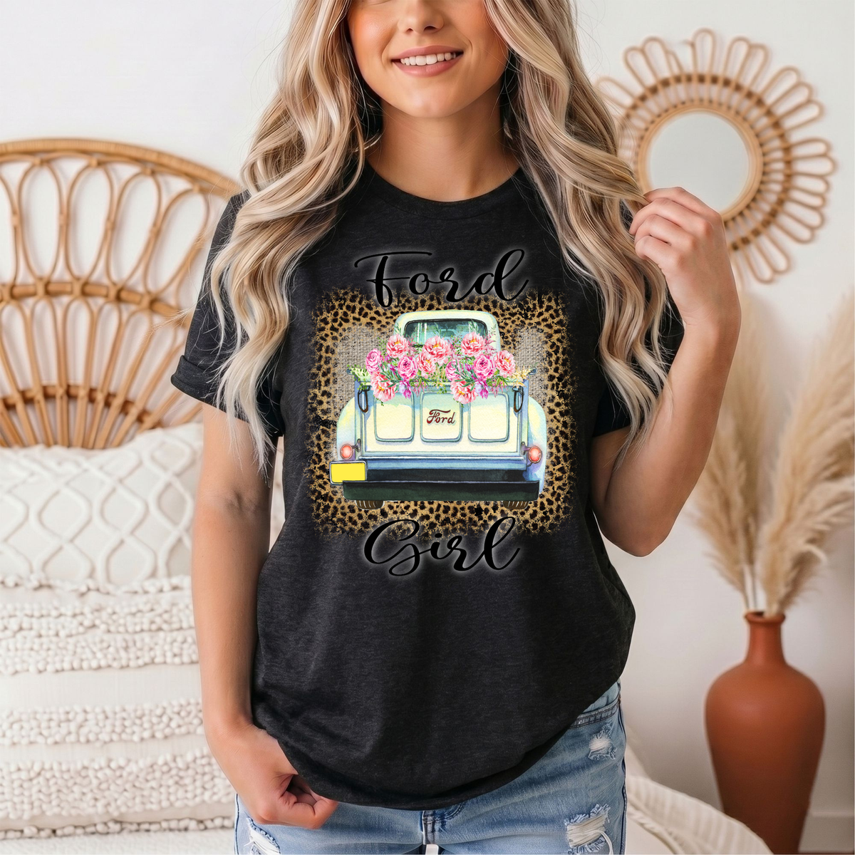 Ford Girl Floral Vintage Truck & Leopard Graphic Tee