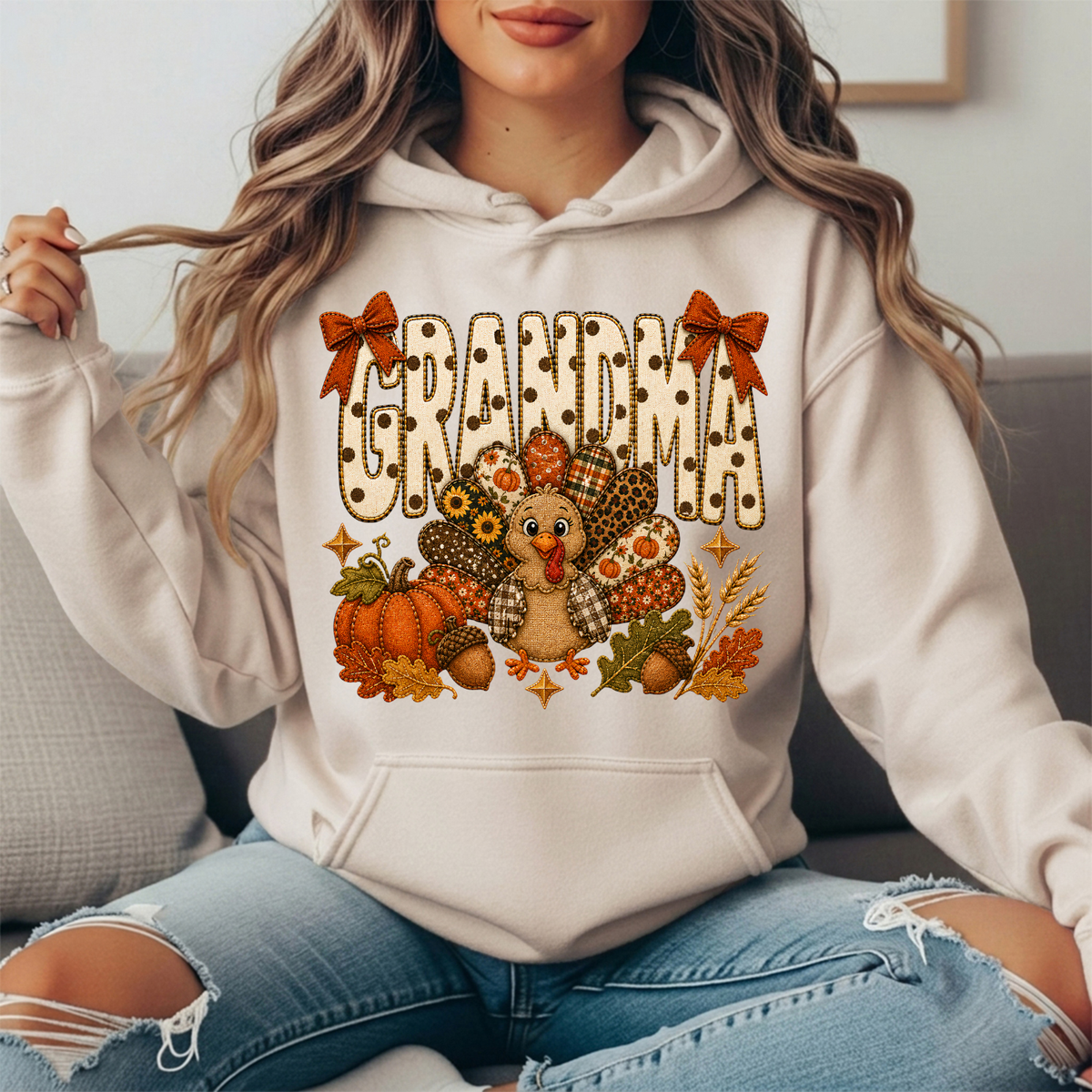 Grandma Thanksgiving Patchwork Turkey Bow Graphic Hoodie