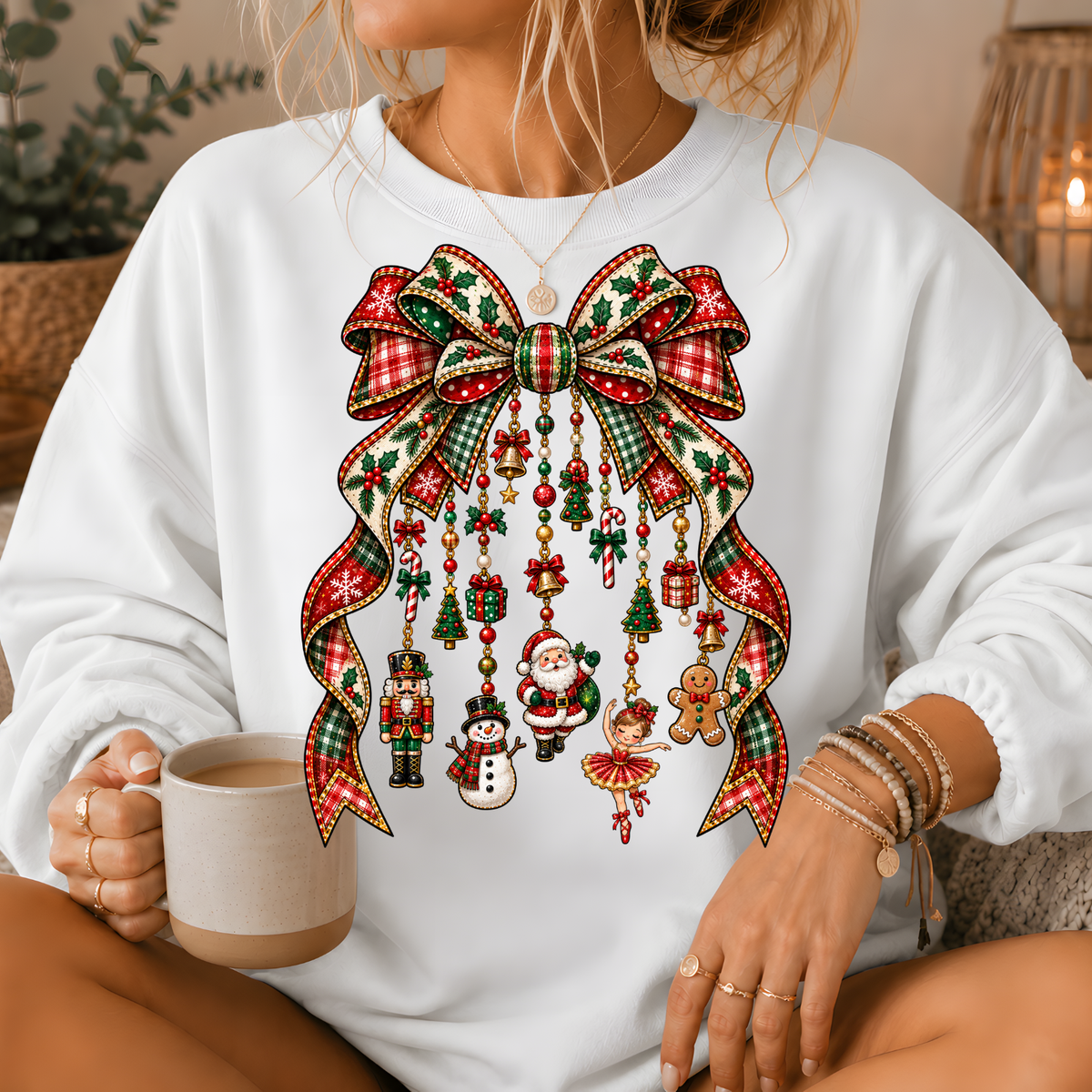 Christmas Plaid Bow Holiday Charms Crewneck Sweatshirt