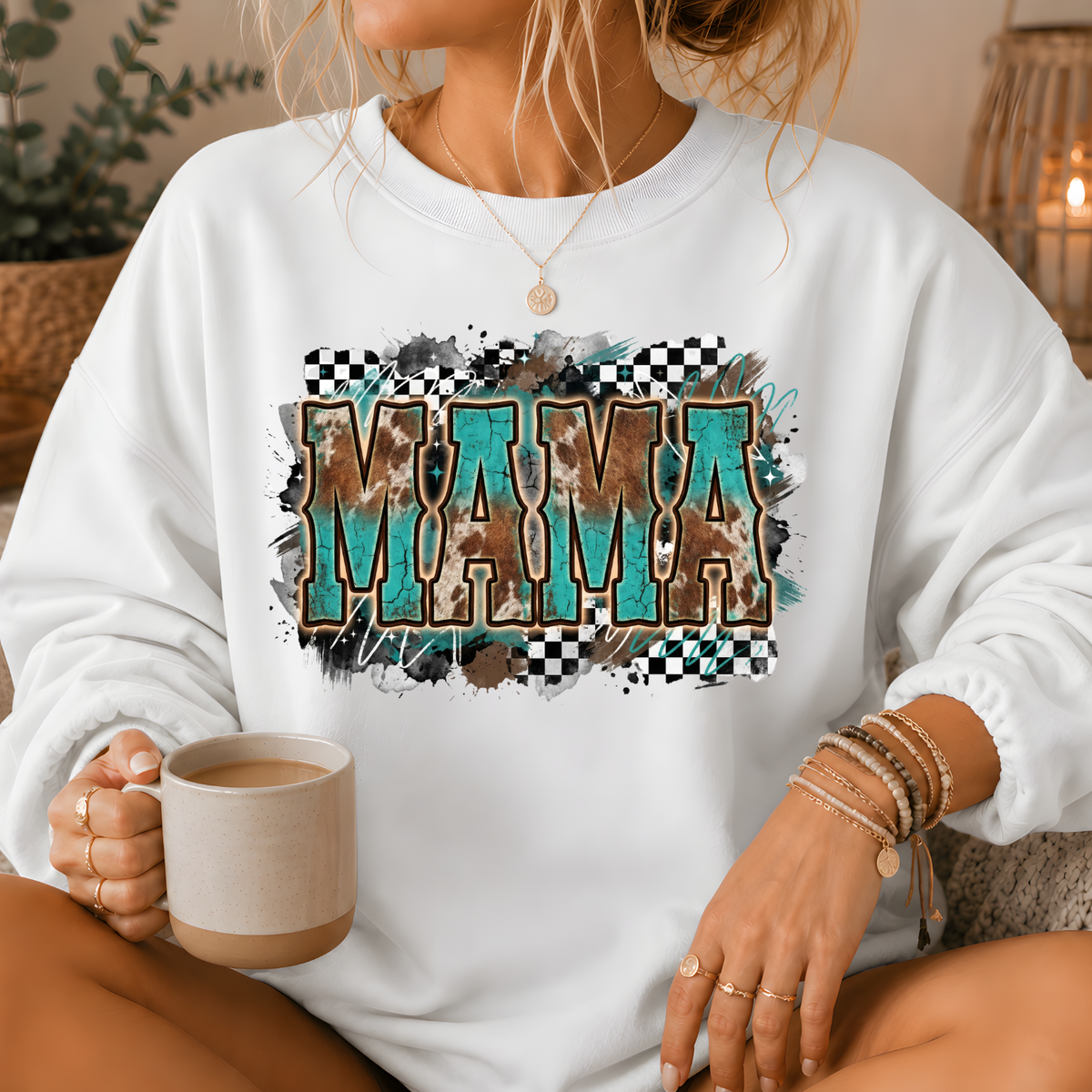 Mama Turquoise Cow Print Western Crewneck Sweatshirt