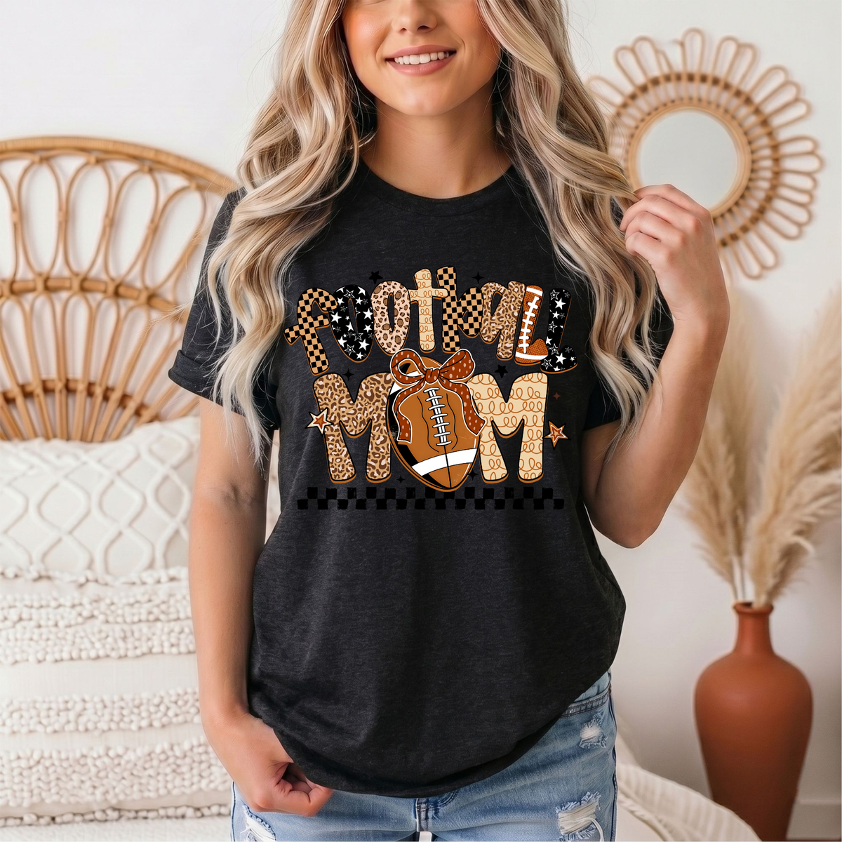 Football Mom Mixed Print Bow & Checkerboard Graphic Tee