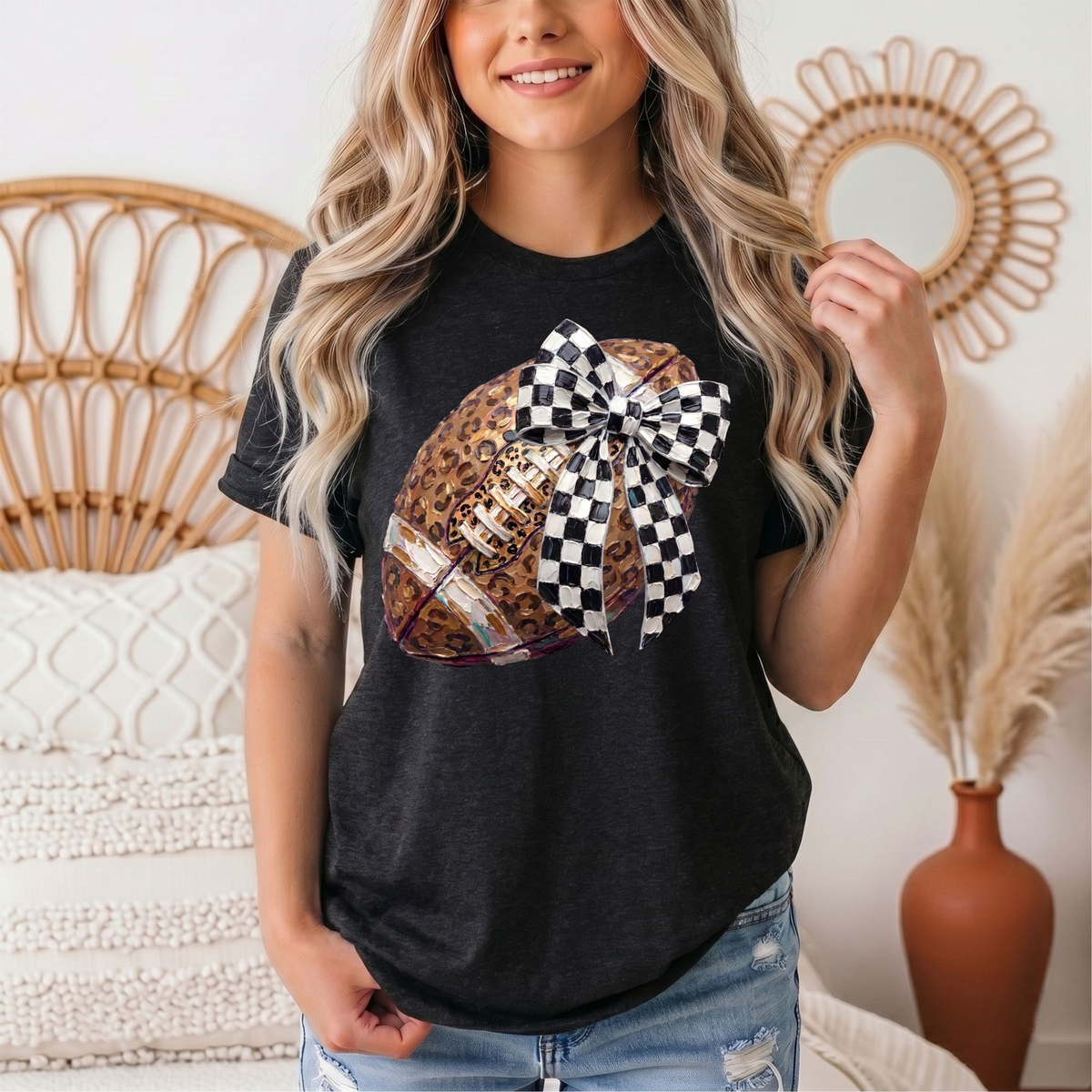 Leopard Football & Checkerboard Bow Graphic Tee