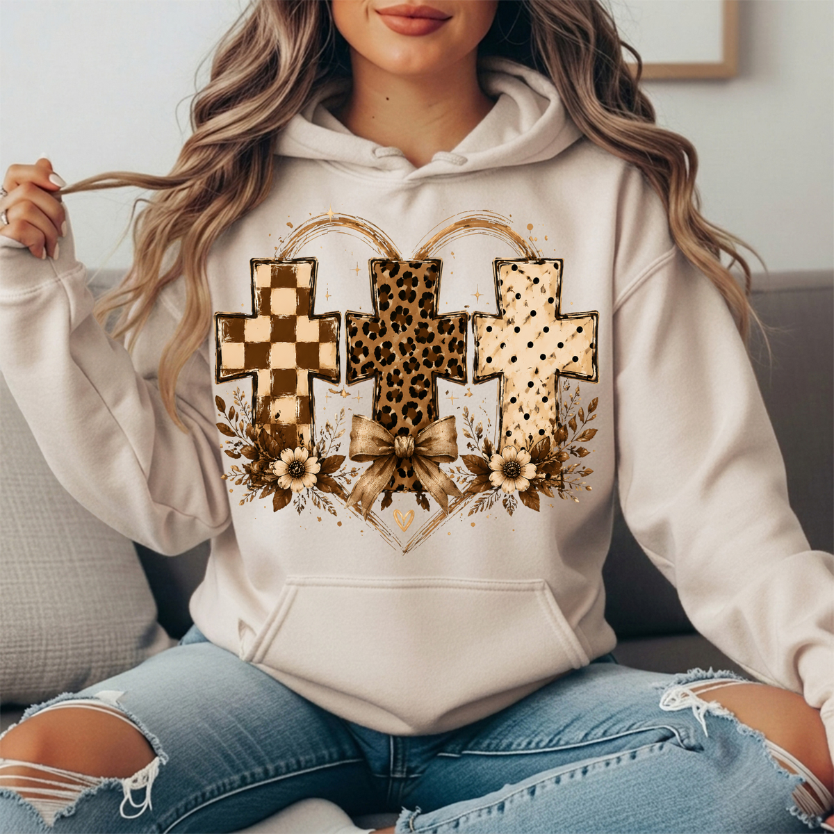 Three Crosses Leopard Floral Bow Graphic Hoodie