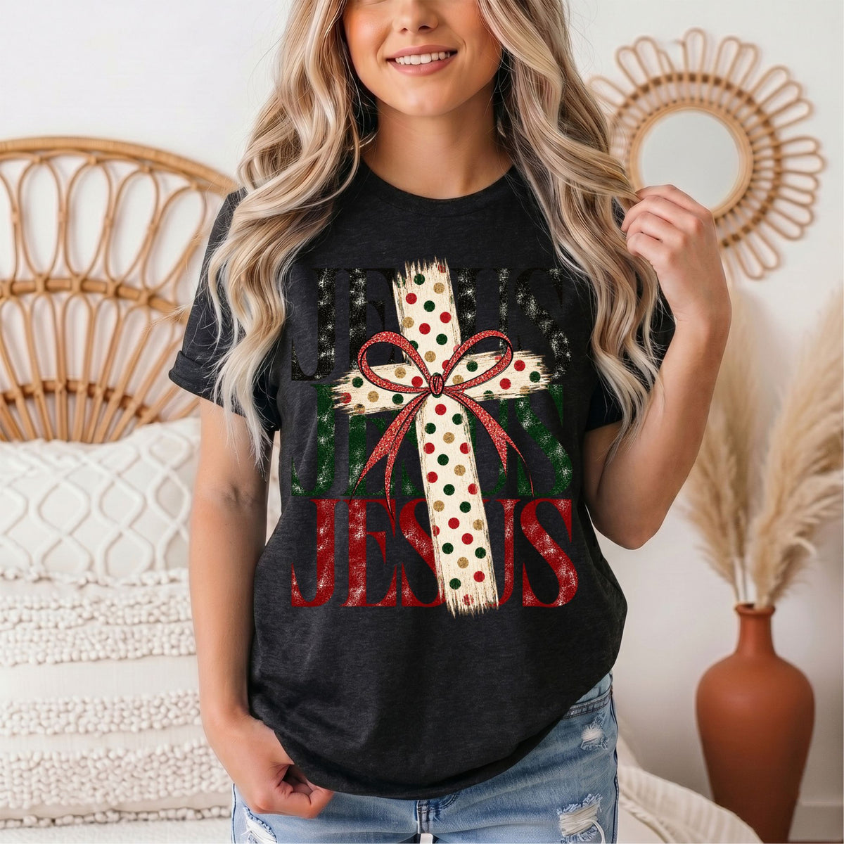 Jesus Christmas Cross & Bow Graphic Tee