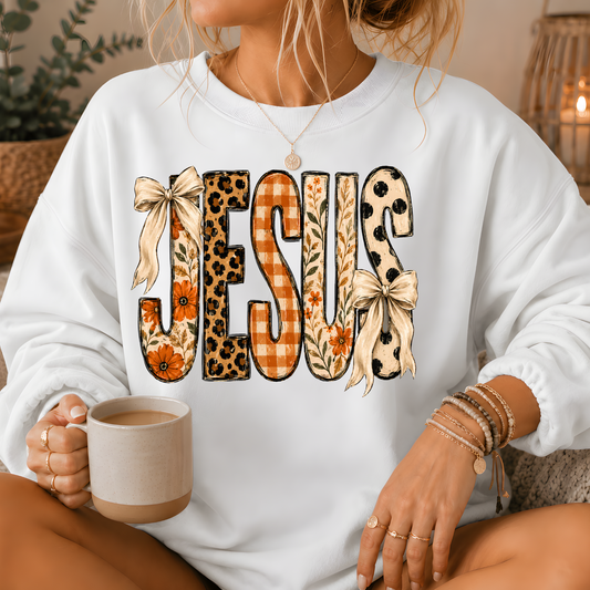 Jesus Mixed Print Bow Crewneck Sweatshirt