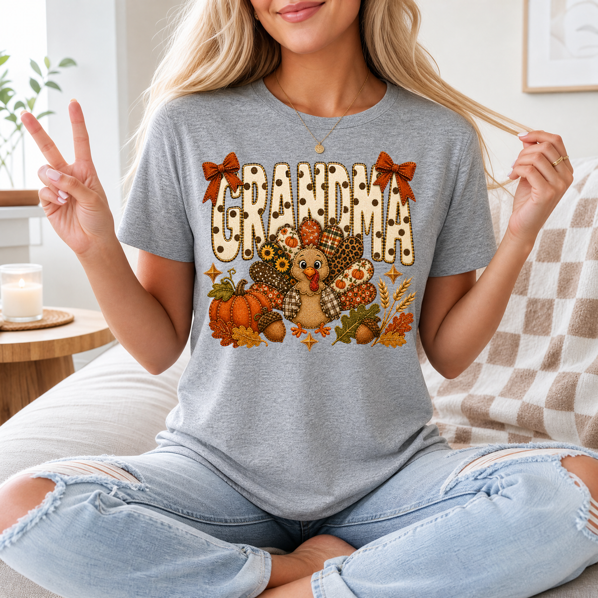 Grandma Thanksgiving Turkey & Bow Graphic Tee