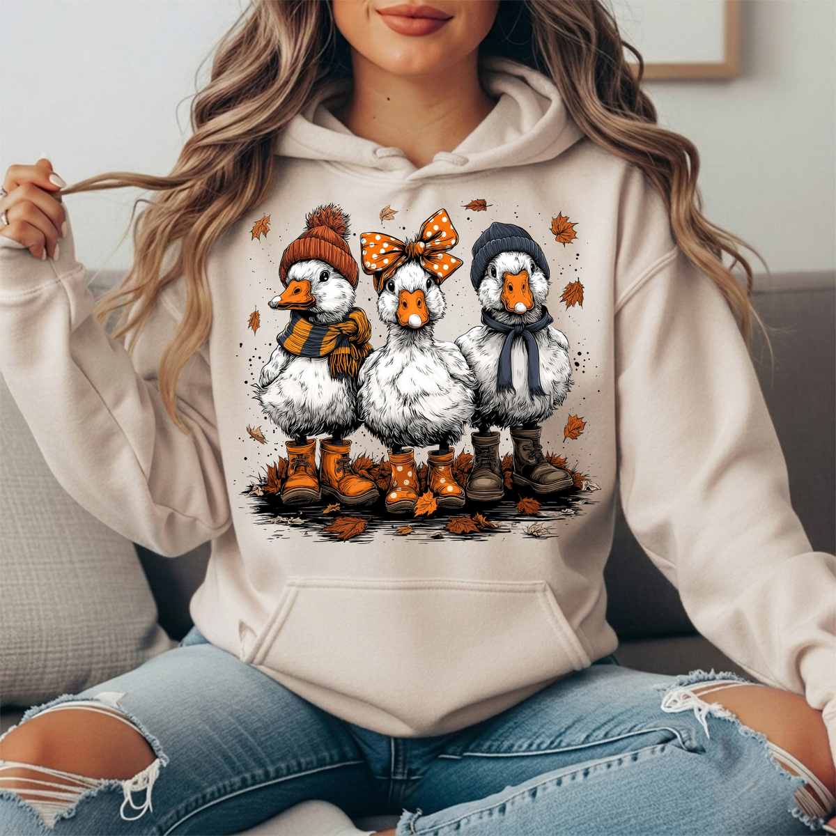 Fall Ducks in Boots & Orange Bow Graphic Hoodie