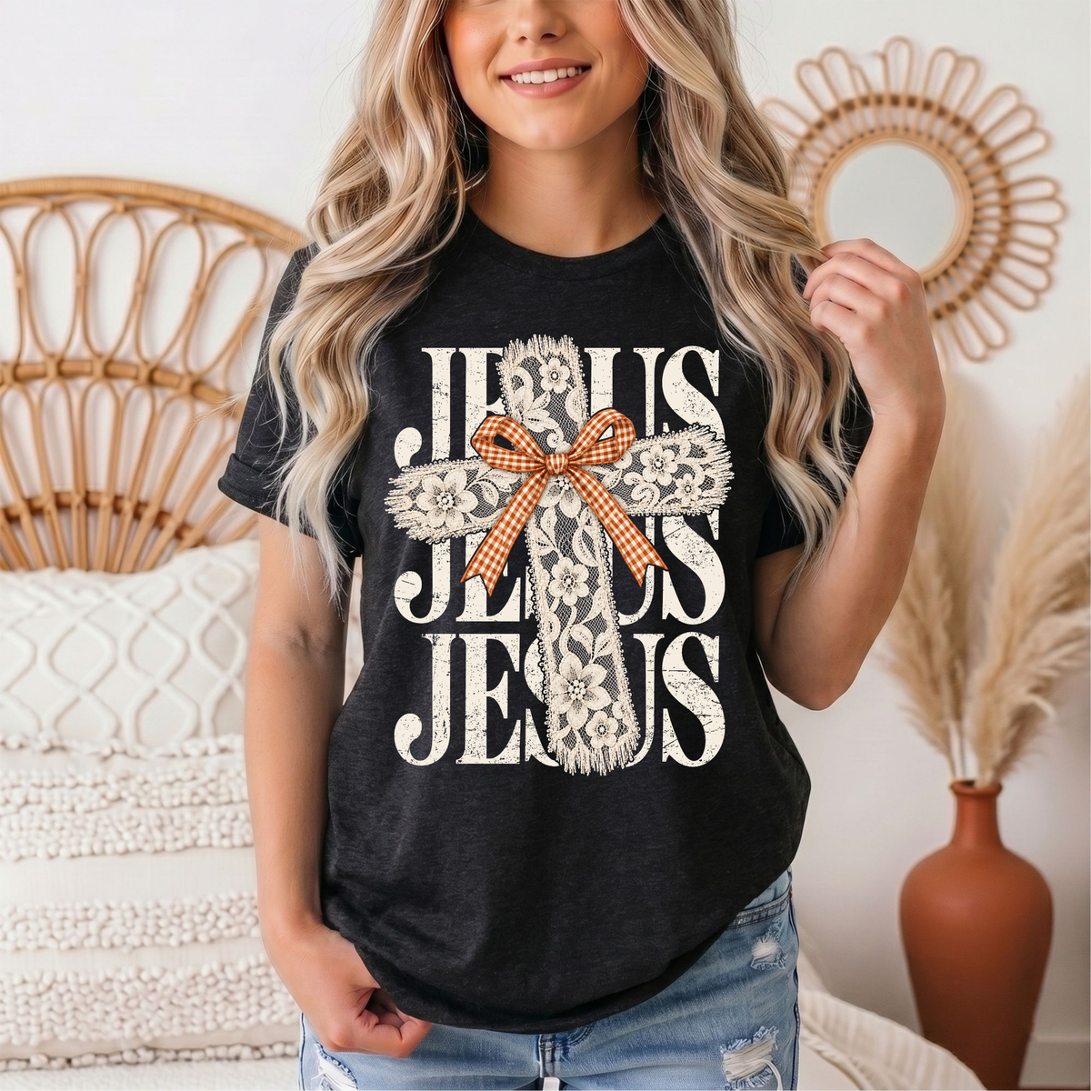 Jesus Lace Cross & Gingham Bow Christian Graphic Tee