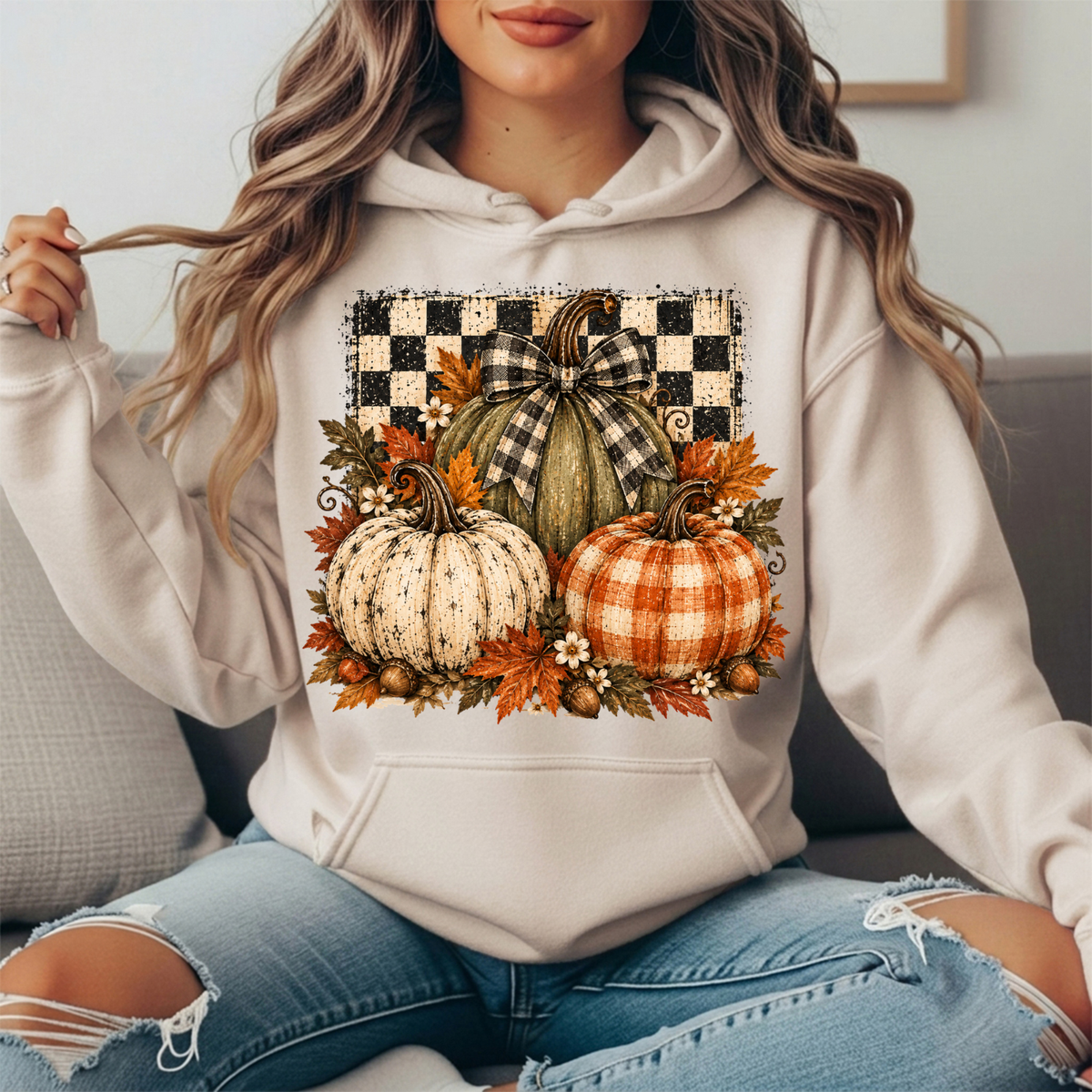 Rustic Fall Pumpkins Buffalo Check Bow Graphic Hoodie
