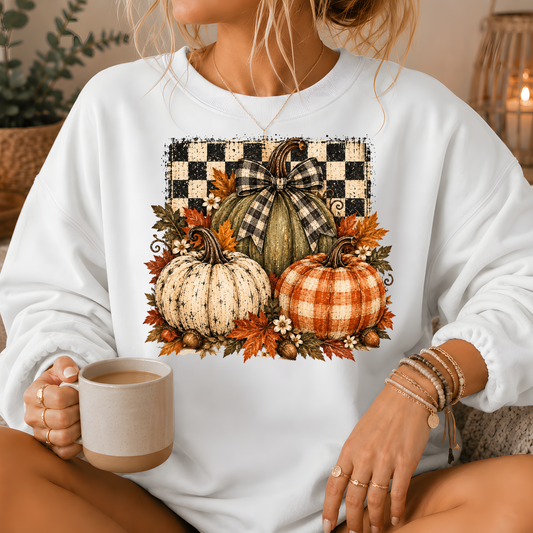 Pumpkin Plaid Bow Floral Crewneck Sweatshirt