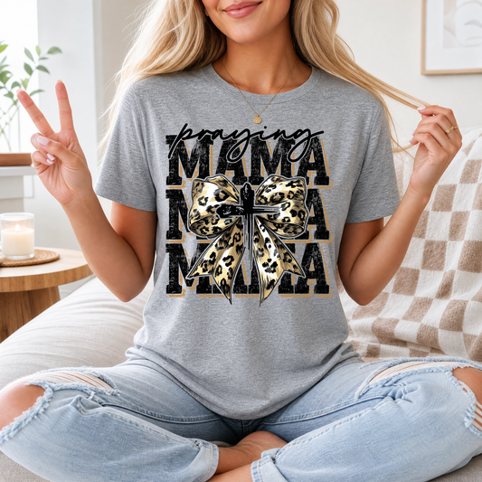 Praying Mama Leopard Bow & Cross Graphic Tee