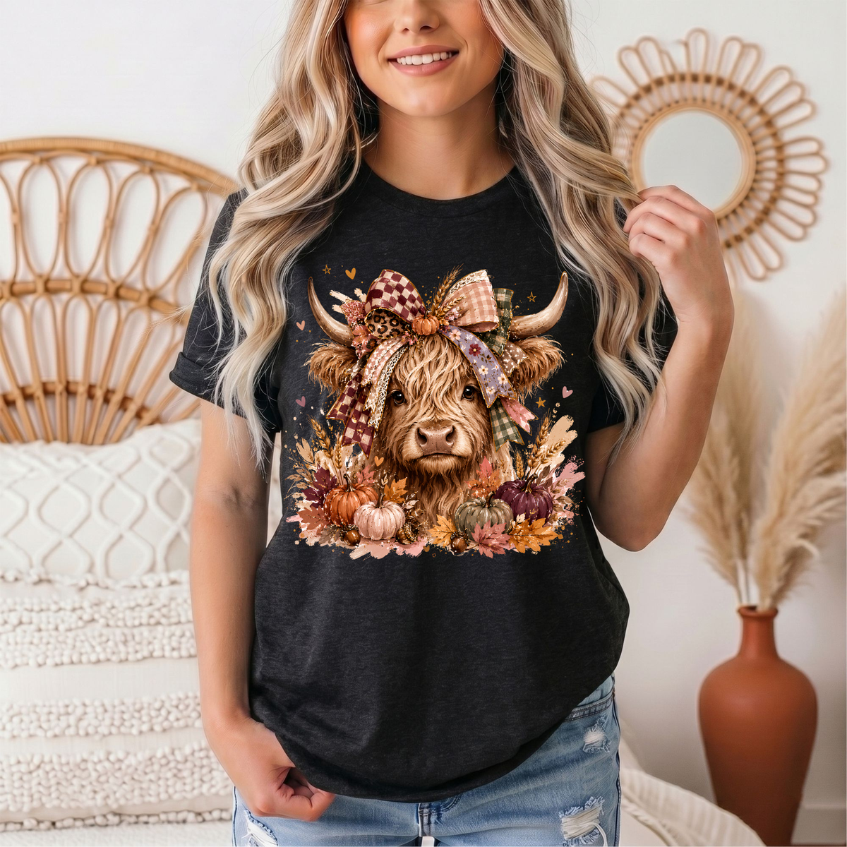 Fall Highland Cow Bow & Pumpkins Graphic Tee