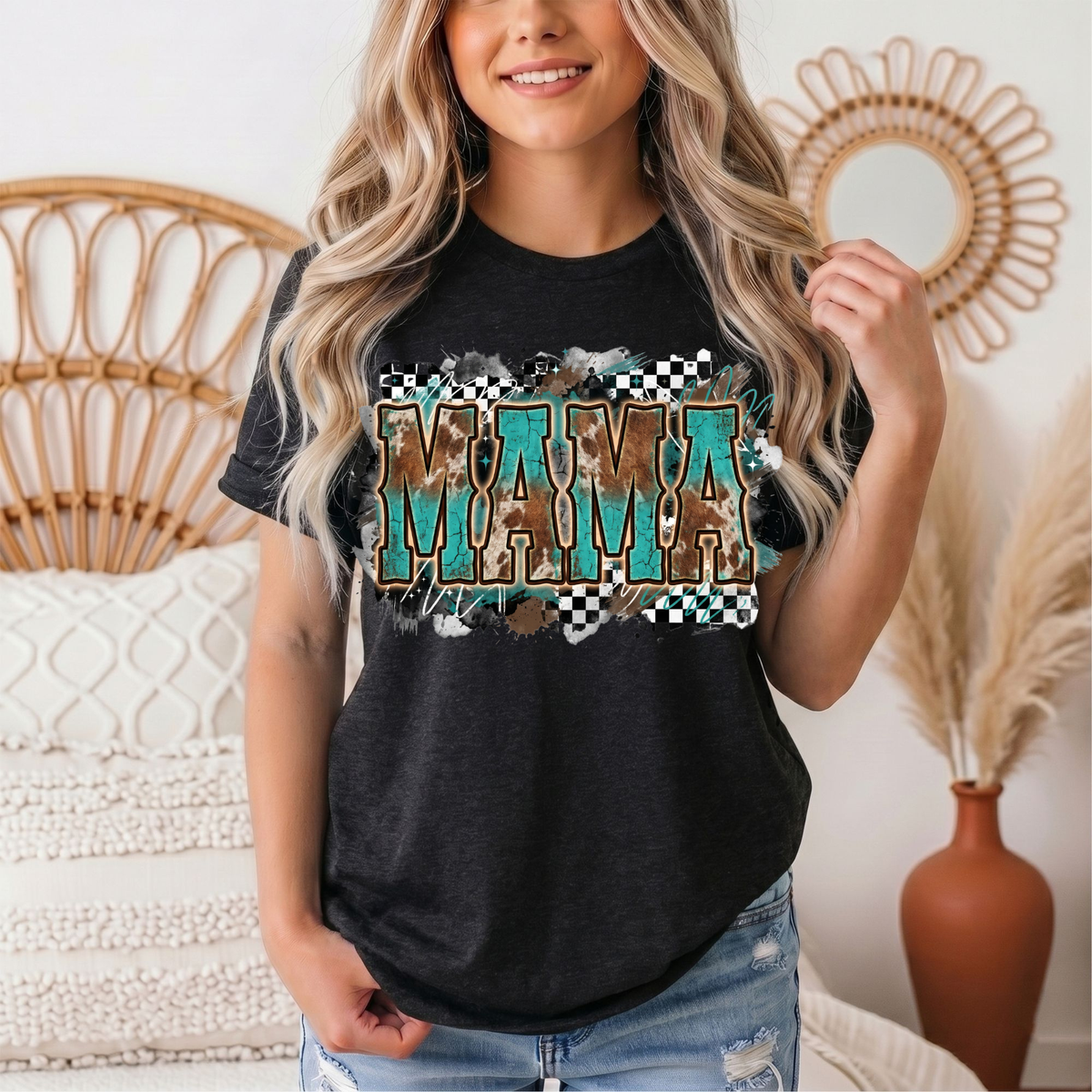 Turquoise & Cow Print Mama Western Graphic Tee