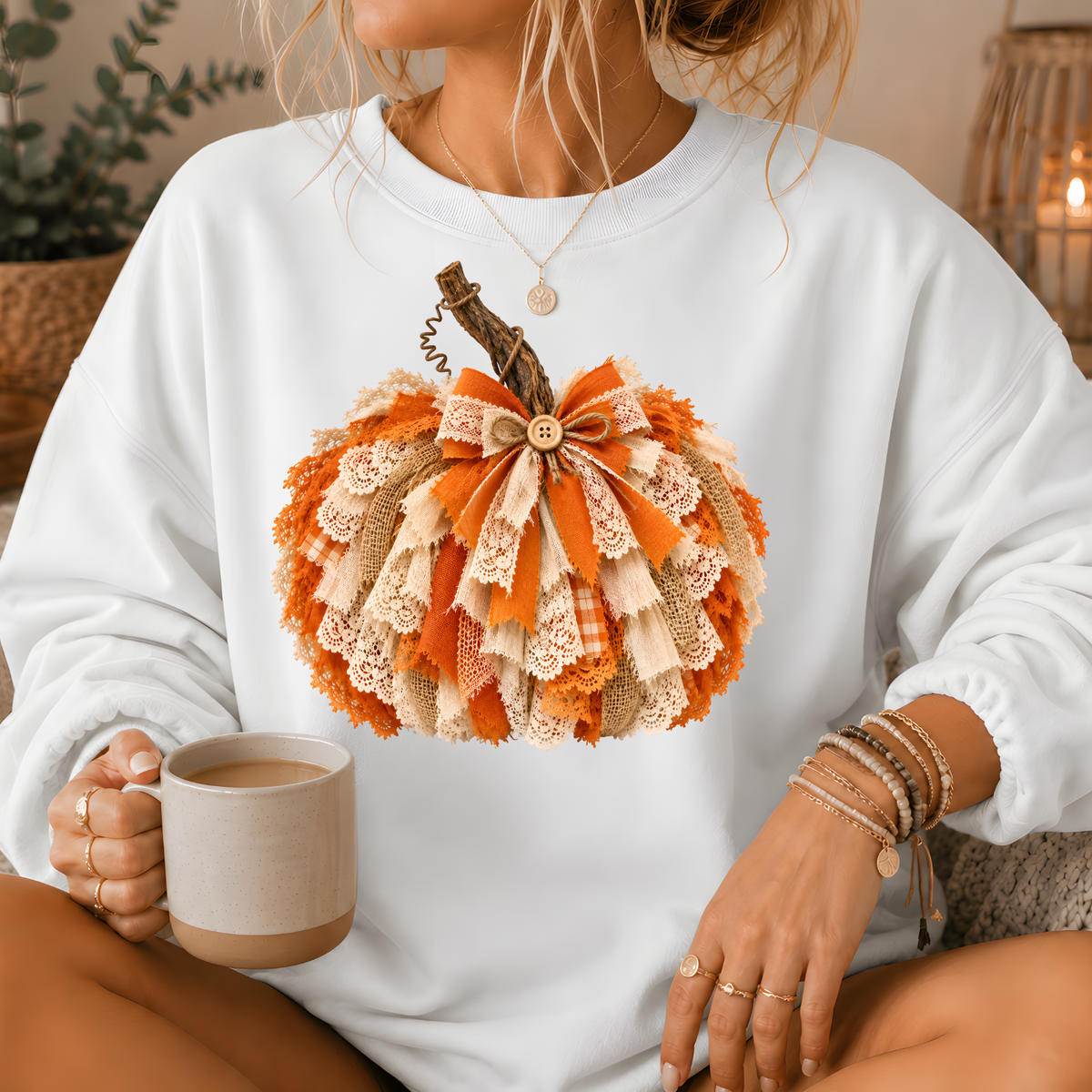 Rustic Lace & Burlap Pumpkin Graphic Crewneck Sweatshirt