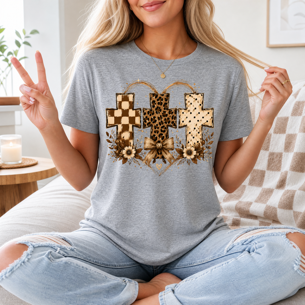 Christian Cross Trio Floral & Bow Graphic Tee