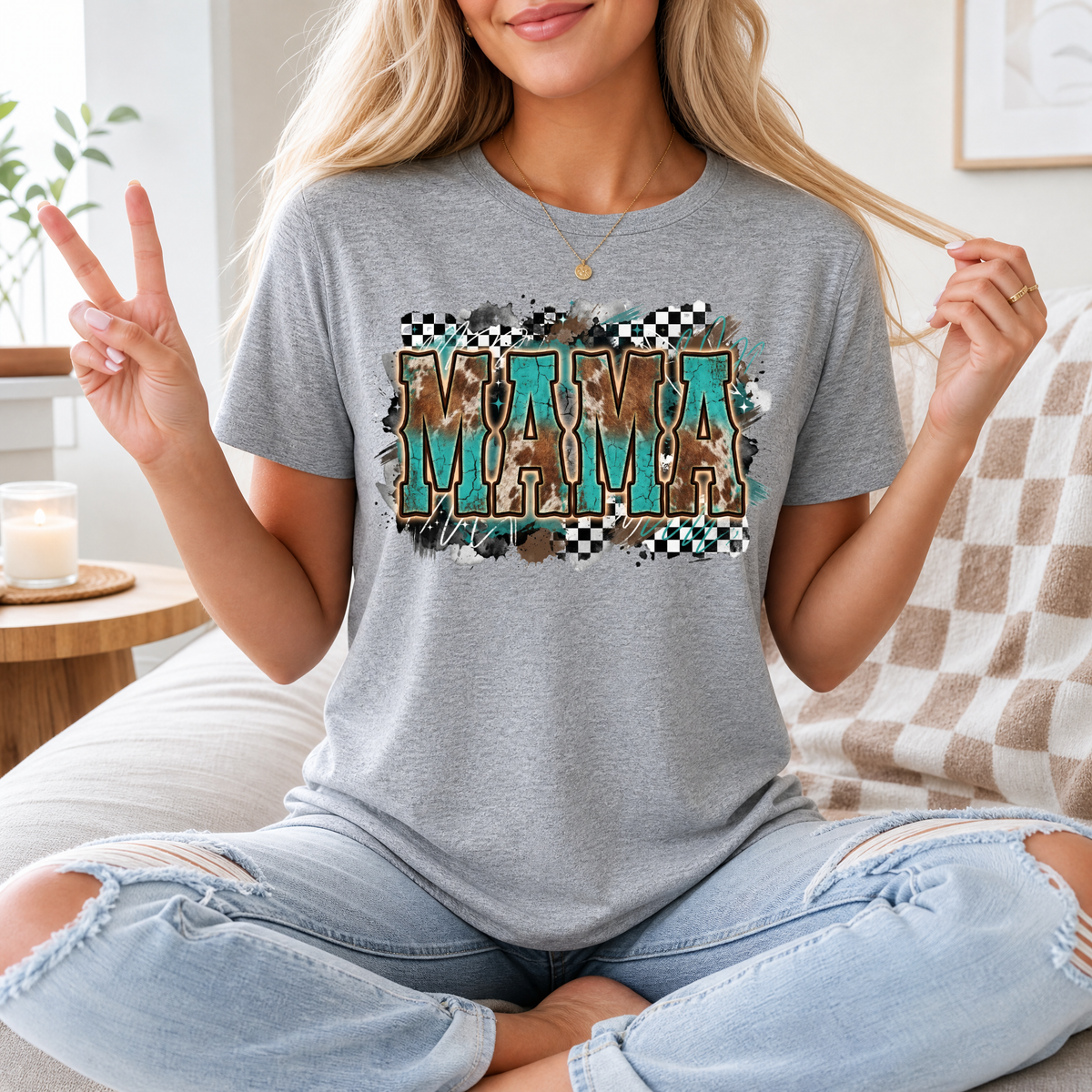Western Mama Turquoise & Checkerboard Graphic Tee