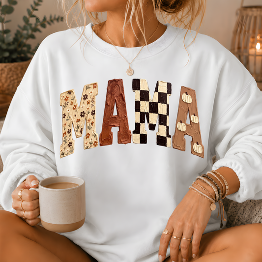 Mama Fall Patchwork Print Crewneck Sweatshirt